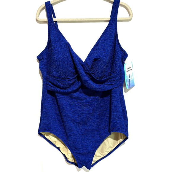 New Penbrooke krinkle Crossover Chlorine Resistant Blue OnePiece Swimsuit Sz 24W - Picture 2 of 12